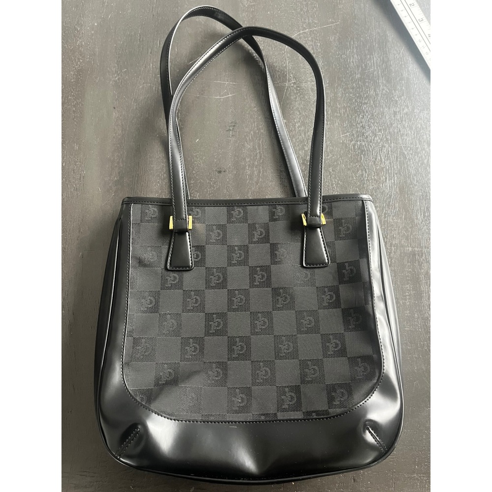 Roccobarocco Black Monogram Checkered Jacquard Tote Bag Made in Italy Gold Tone